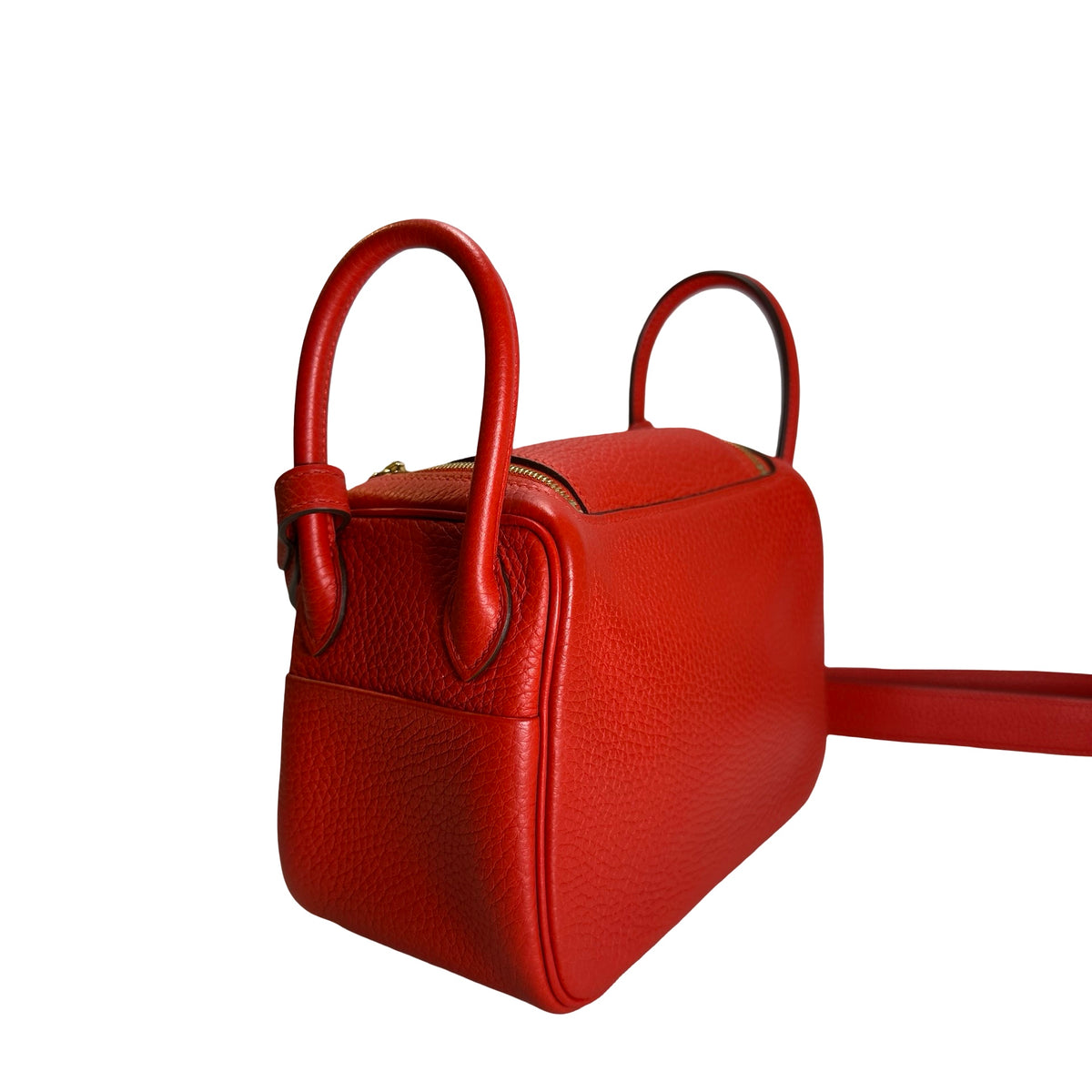 Used HERMES Togo Leather Mini Lindy Handbag Red GHW