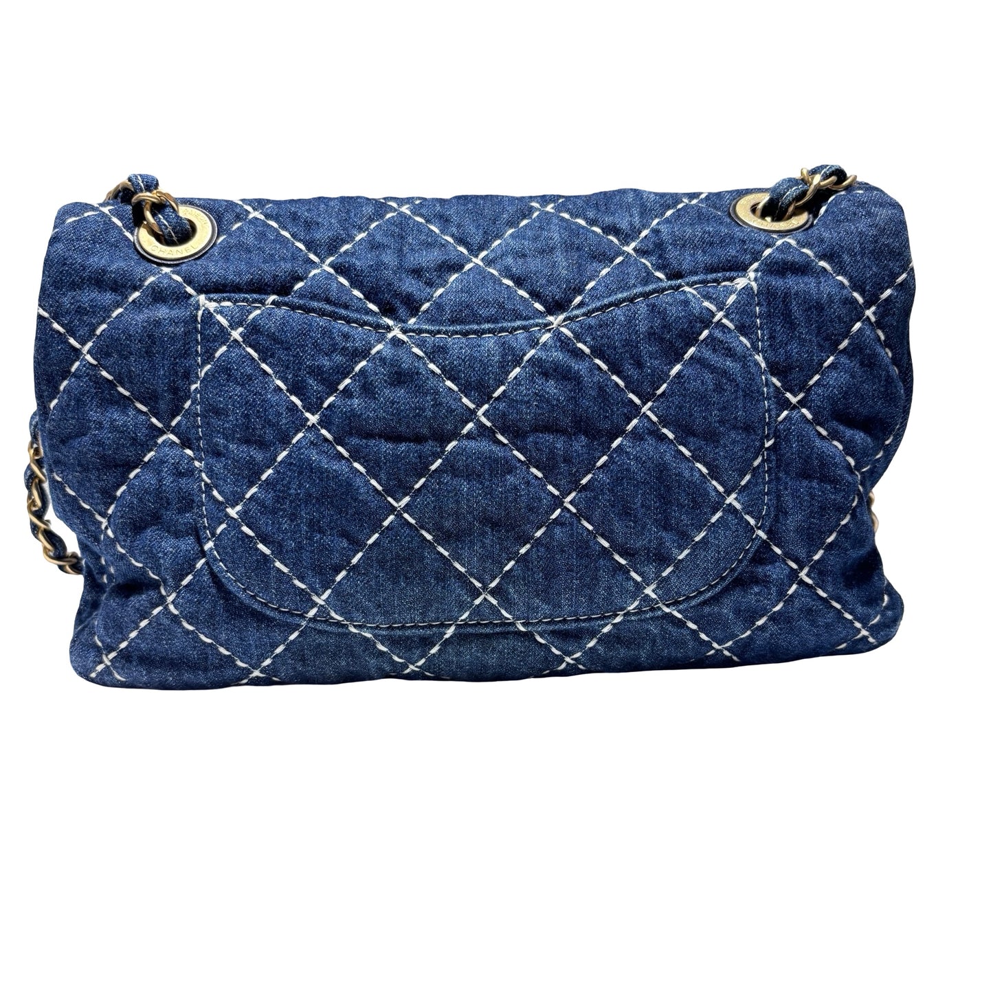 Used CHANEL Denim Classic Flap Medium Chain Shoulder Bag Navy Blue GHW