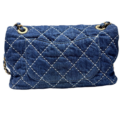 Used CHANEL Denim Classic Flap Medium Chain Shoulder Bag Navy Blue GHW