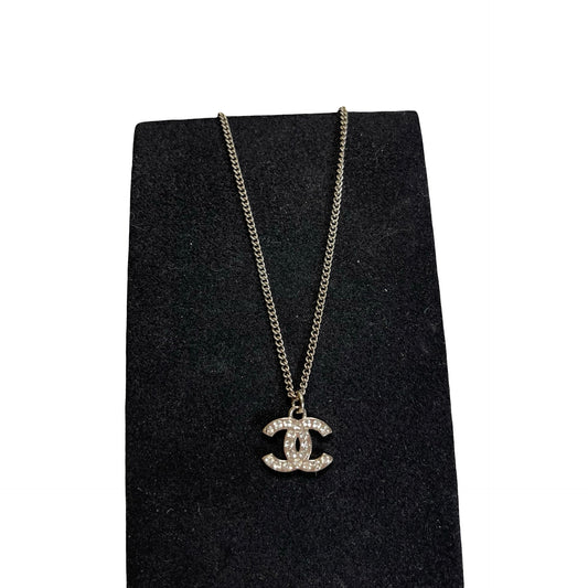 Used CHANEL CC Logo CC Logo Crystal Necklace Silver Clear