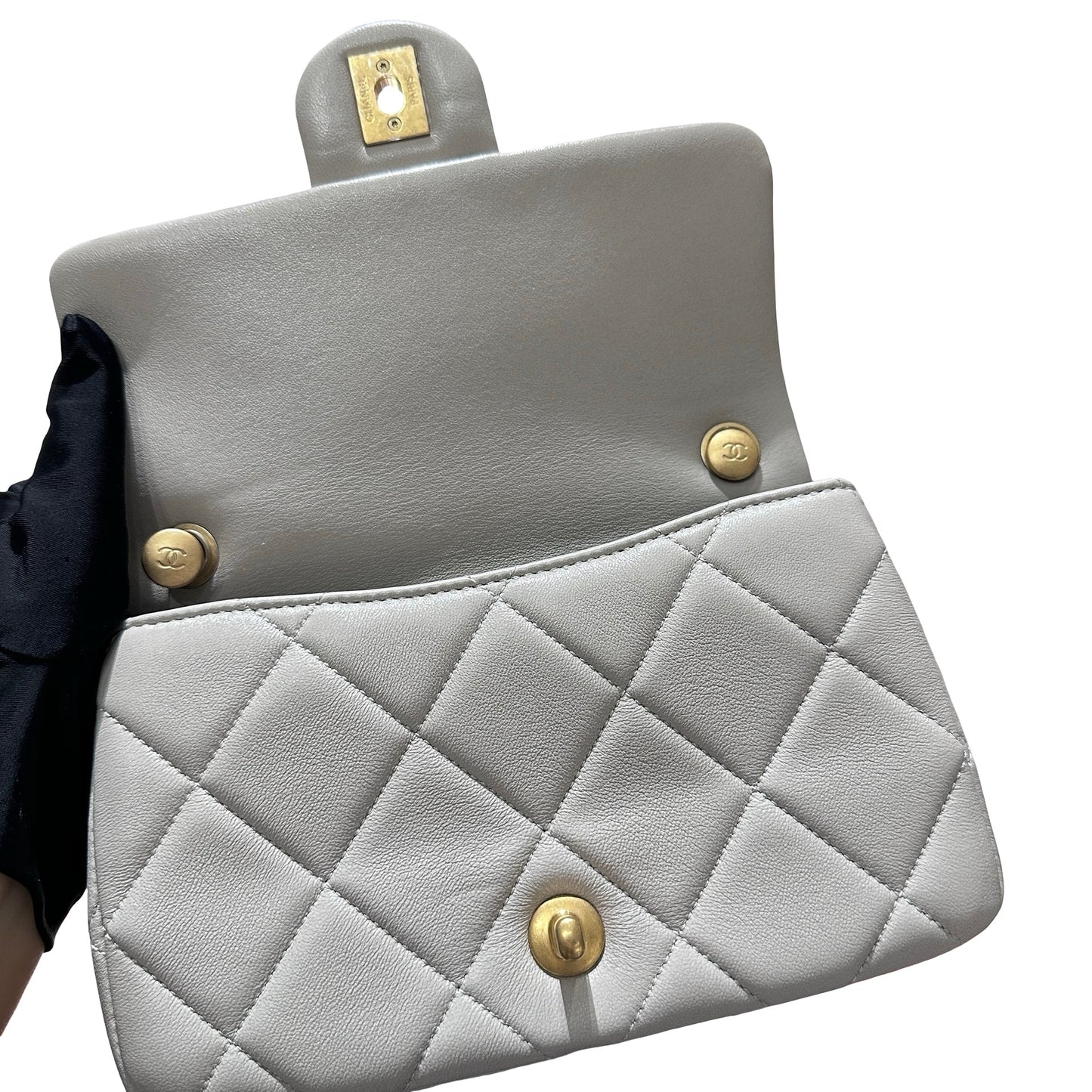 Used CHANEL Peal Crush Mini Flat 20cm Flat bag Grey GHW