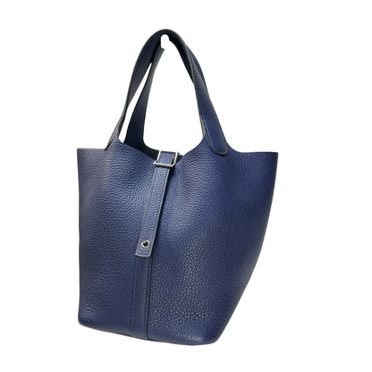 Used HERMES Clemence Leather Picotin 18 Bucket Bag Blue PHW