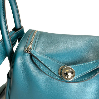 Used HERMES Leather Lindy Handbag Green
