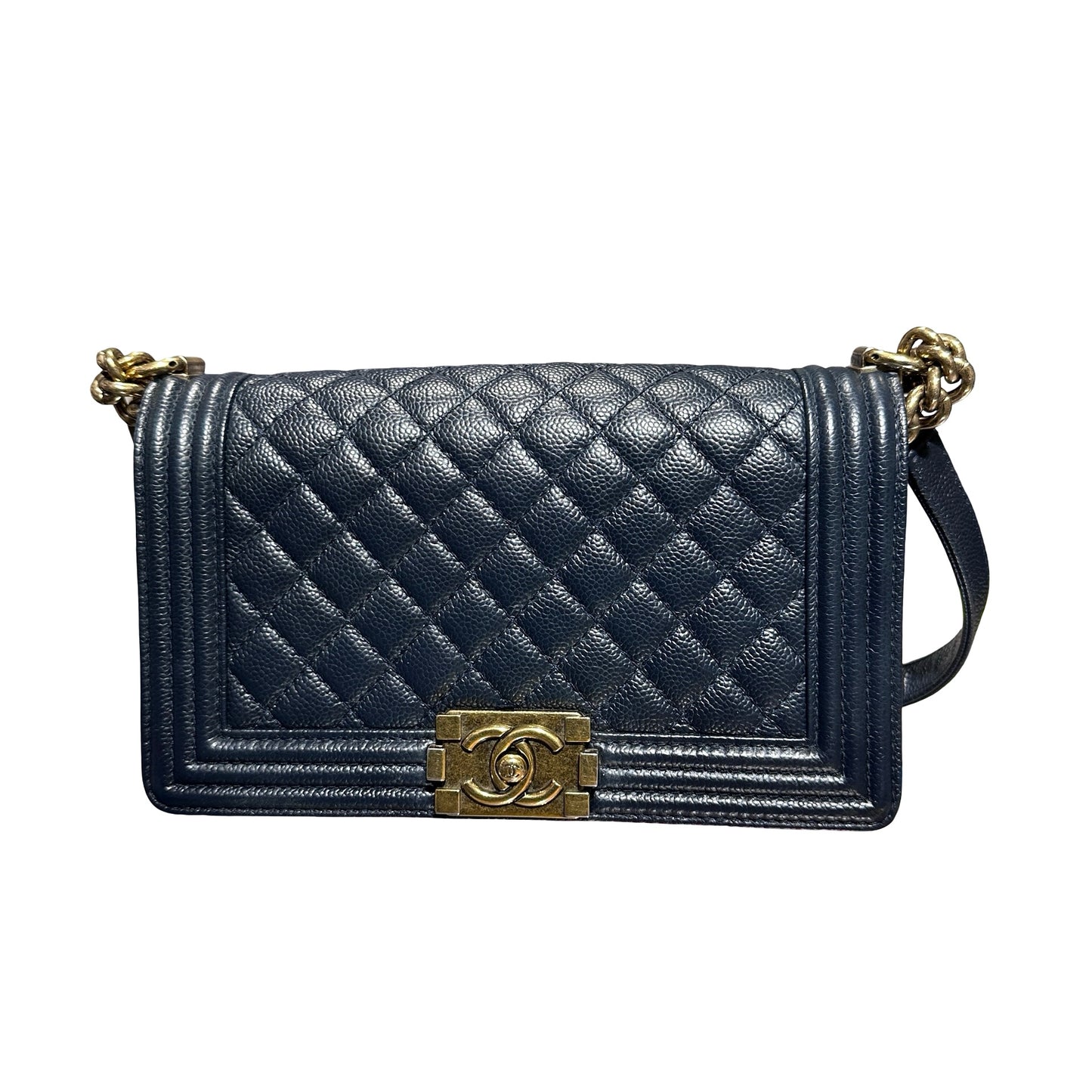 Used CHANEL Boy 25cm Shoulder Bag Navy GHW