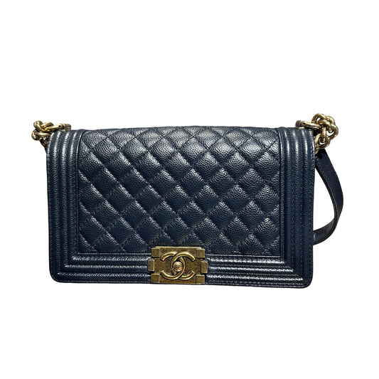 Used CHANEL Boy 25cm Shoulder Bag Navy GHW