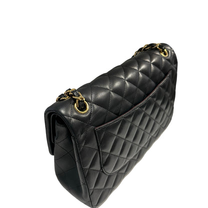 Used CHANEL Lambskin Quilted Jumbo Shoulder Bag Black Gold
