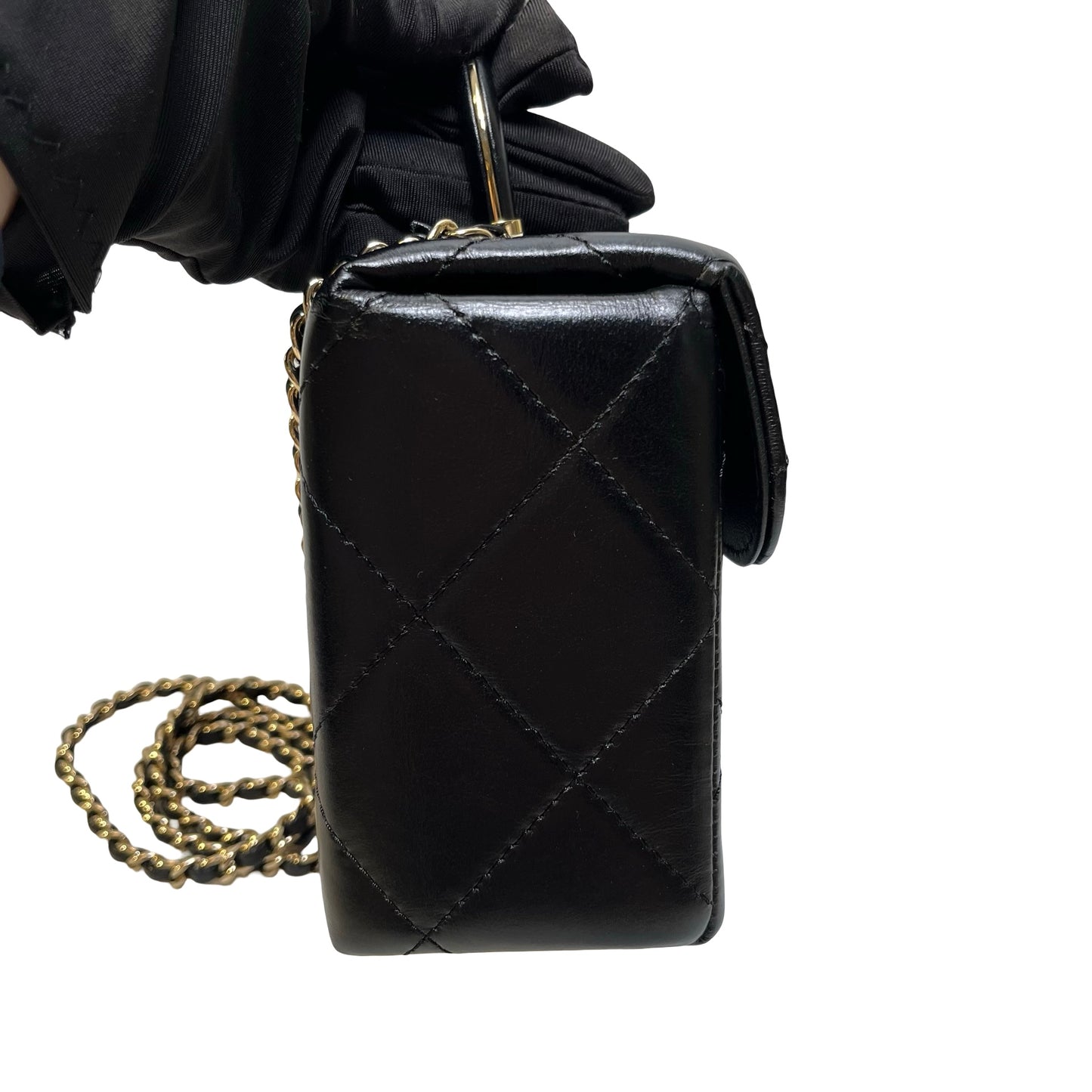 Used CHANEL Quilted Lambskin Mini flap bag with top handle Mini Bag Black Gold tone hardware