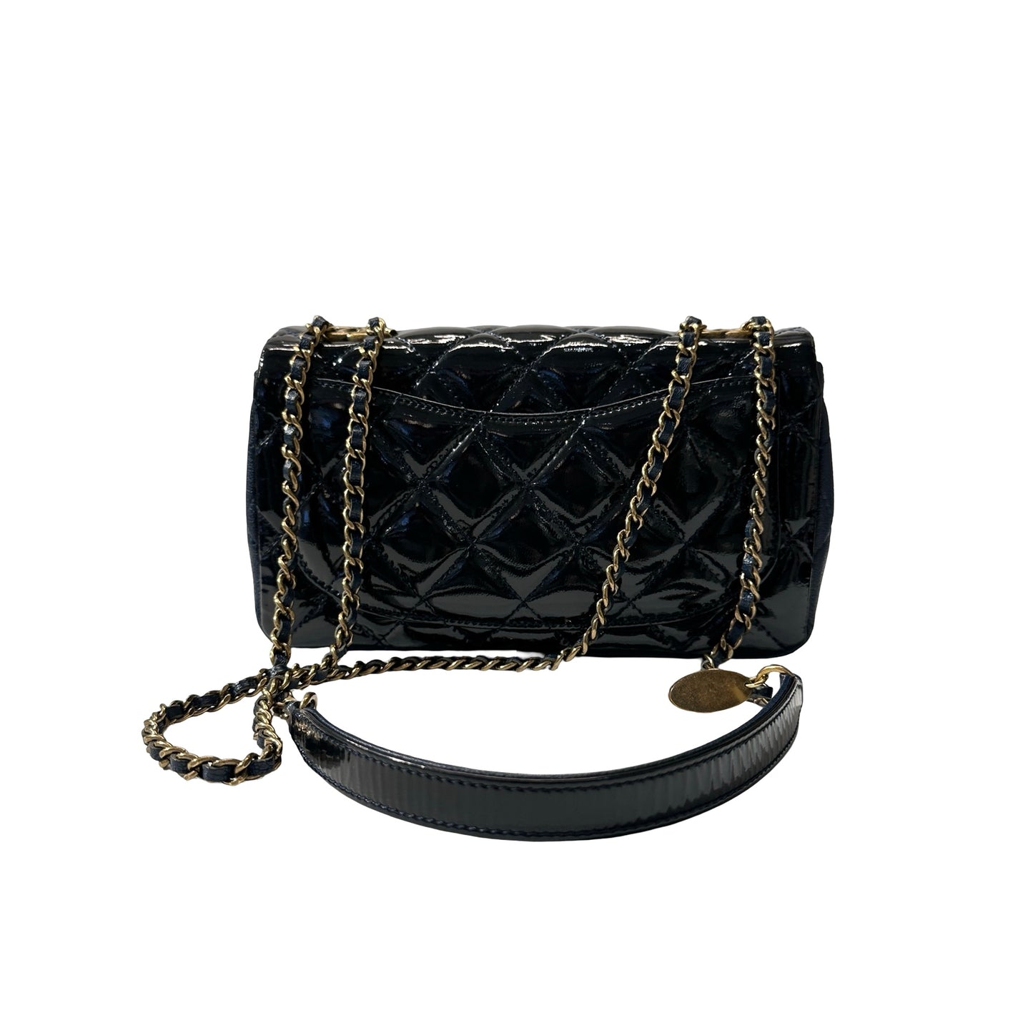 Used CHANEL Patent Leather MINI FLAP 20 CM Chain Shoulder Bag Navy Blue GHW