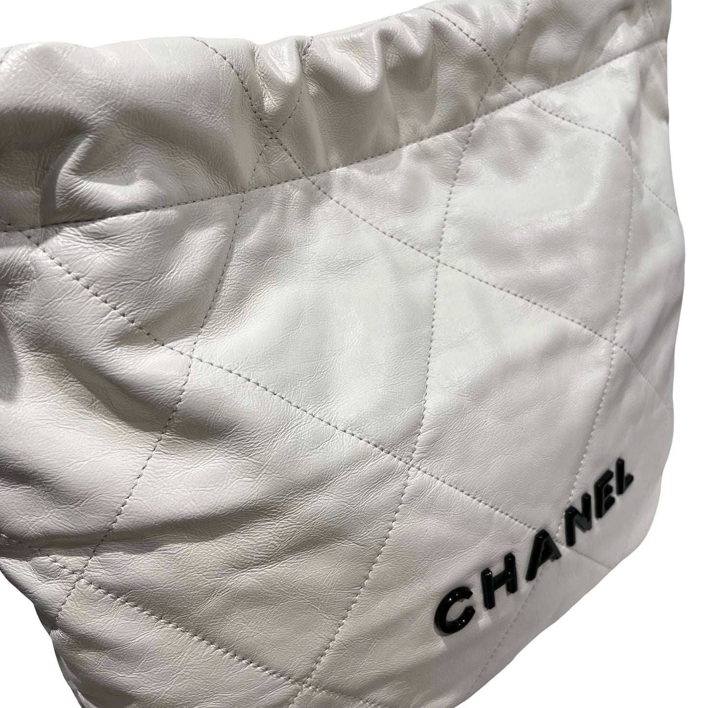 Used CHANEL Shiny Calfskin 22 Small Shiny Calfskin Shoulder Bag White Black GHW
