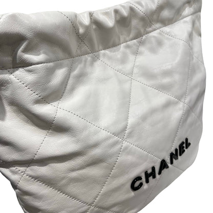 Used CHANEL Shiny Calfskin 22 Small Shiny Calfskin Shoulder Bag White Black GHW