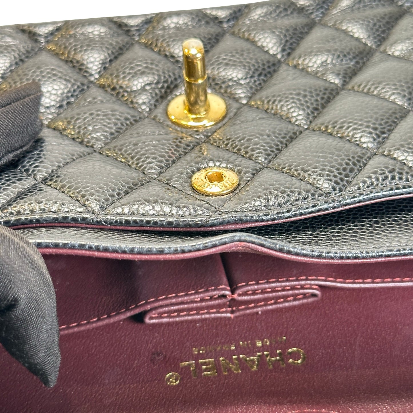 Used CHANEL Quilted Caviar Classic Flap Shoulder Bag Black Gold