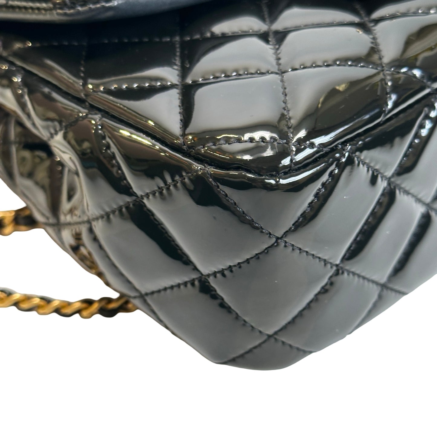 Used CHANEL Quilted Patent Leather Flap Bag Chain Shoulder Bag Black Gold