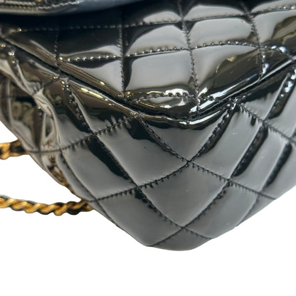 Used CHANEL Quilted Patent Leather Flap Bag Chain Shoulder Bag Black Gold