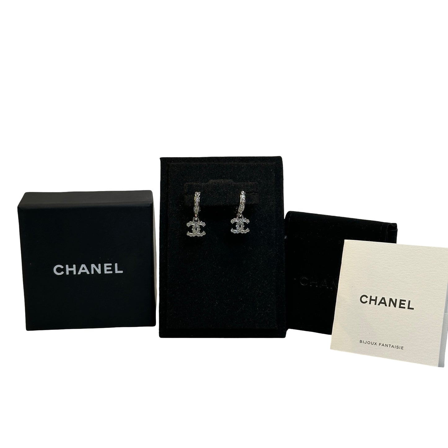 Used CHANEL Silver-tone metal Rhinestones CC Drop Earrings Earrings Silver