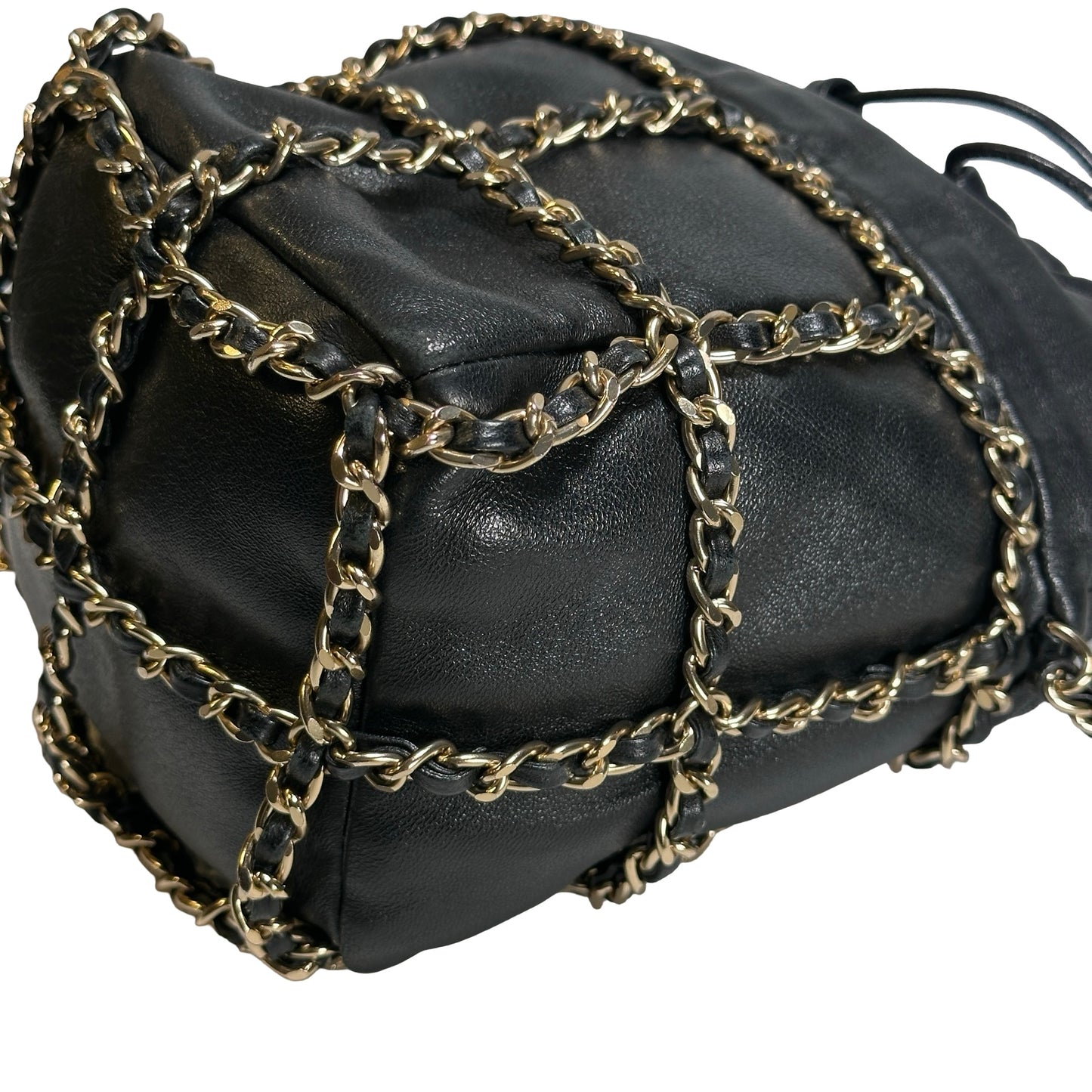 Used CHANEL Leather Drawstring Bag Drawstring Bag Black GHW