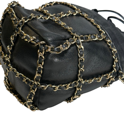 Used CHANEL Leather Drawstring Bag Drawstring Bag Black GHW