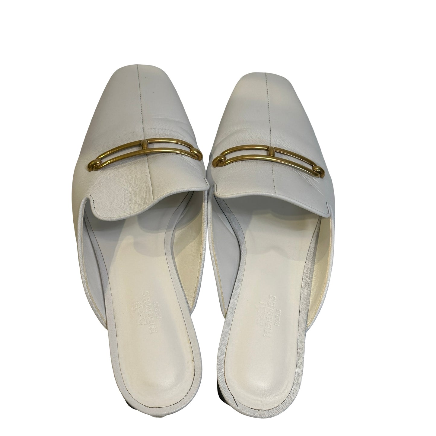Used HERMES Leather Mules Shoes White Gold