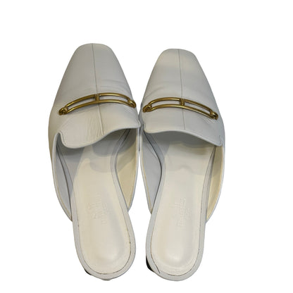 Used HERMES Leather Mules Shoes White Gold