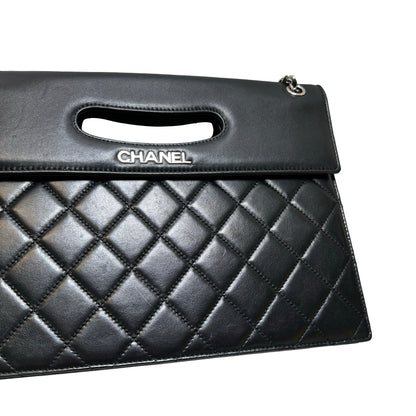 Used CHANEL Quilted Leather Quilted Top Handle Flap Bag Handbag Black Silver