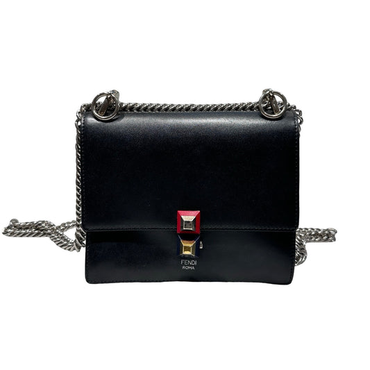 Used FENDI Calfskin Leather Kan I Shoulder Bag Black PHW