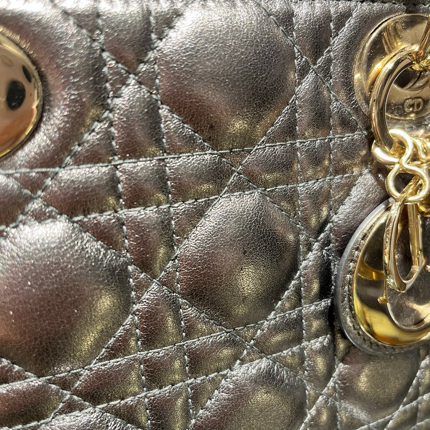 Used Dior Lady Dior Handbag Metallic Silver GHW