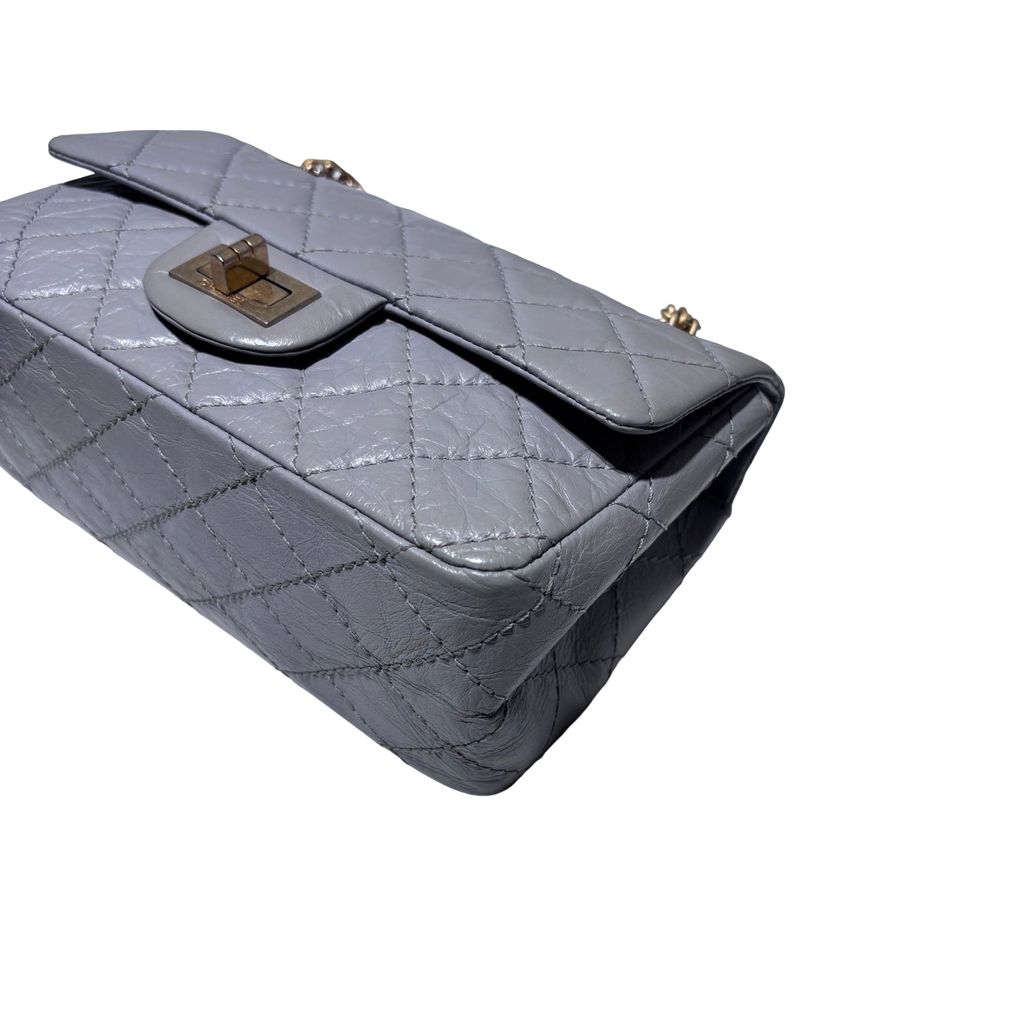 Used CHANEL Calfskin Leather Mini 2.55 Chain Shoulder Bag Grey GHW