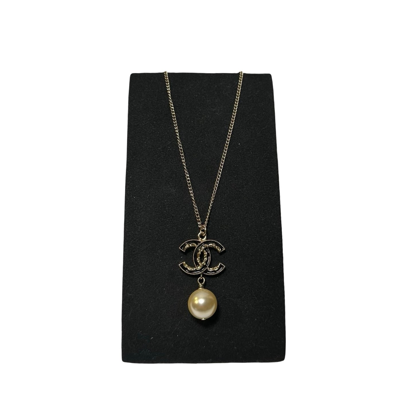 Used CHANEL CC Logo Pearl Drop Necklace Silver Pearl