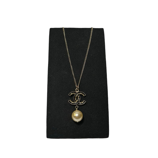 Used CHANEL CC Logo Pearl Drop Necklace Silver Pearl