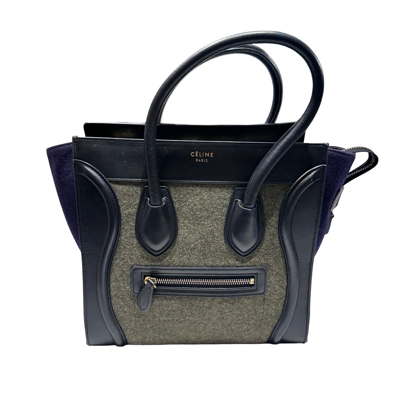 Used CÉLINE Calfskin Leather LUGGAGE Handbag GREEN PURPLE Black GHW