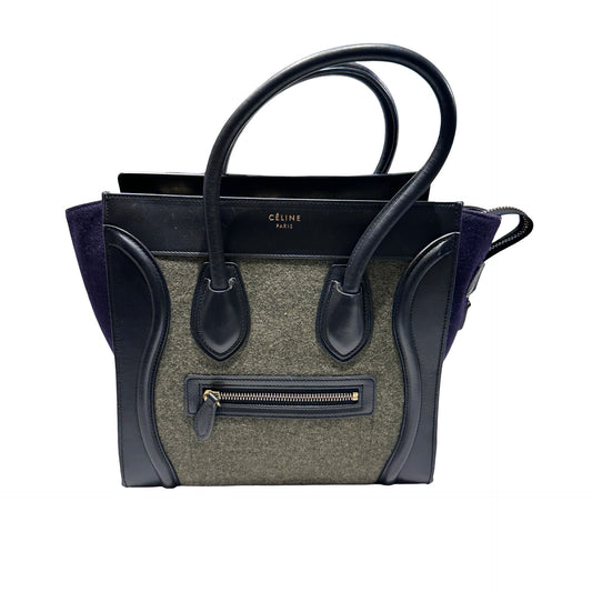 Used CÉLINE Calfskin Leather LUGGAGE Handbag GREEN PURPLE Black GHW