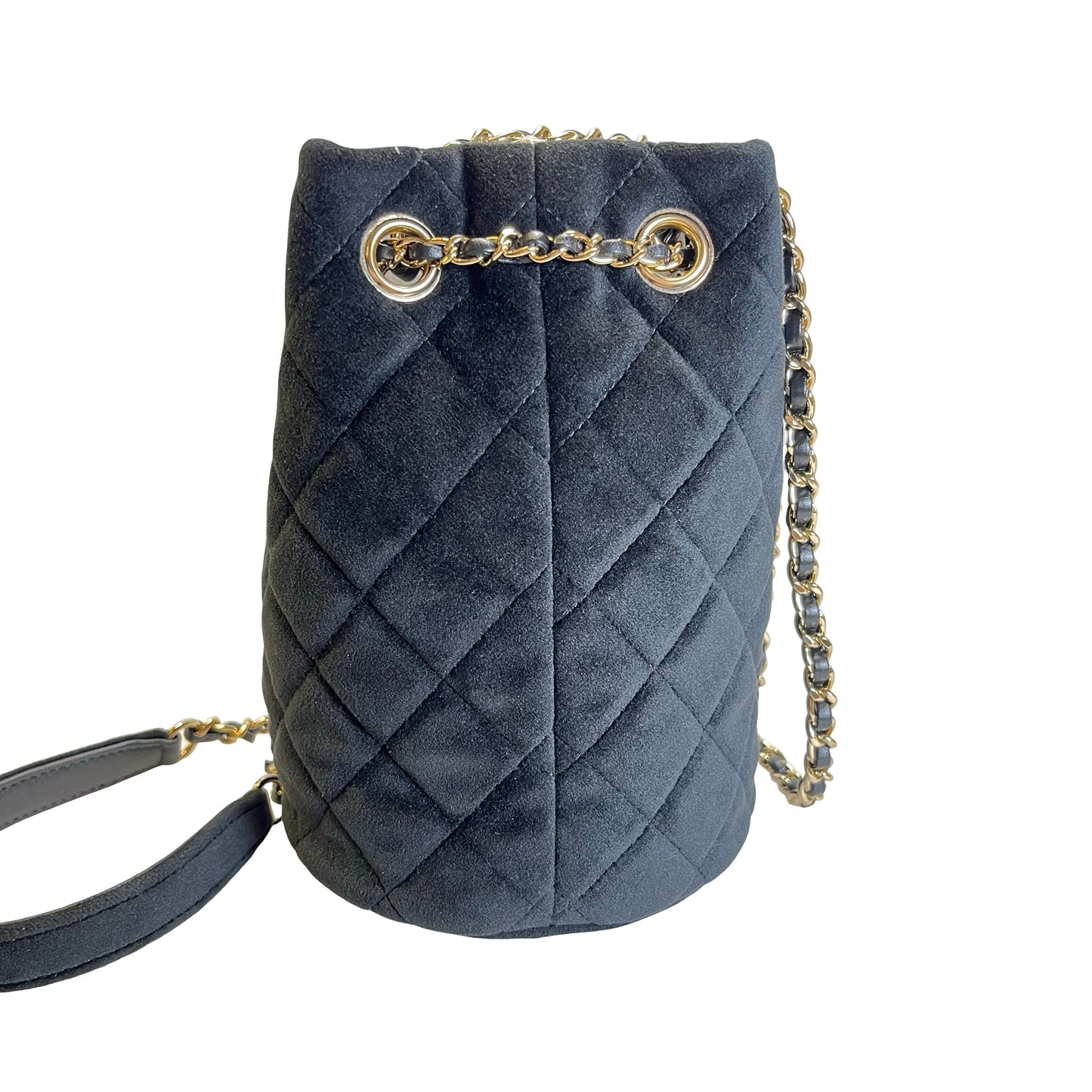 Used CHANEL Quilted Suede Mini Bucket Bag with Crystal Mini Bucket Bag Black Gold