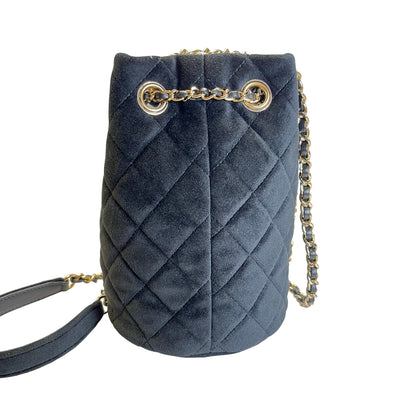 Used CHANEL Quilted Suede Mini Bucket Bag with Crystal Mini Bucket Bag Black Gold