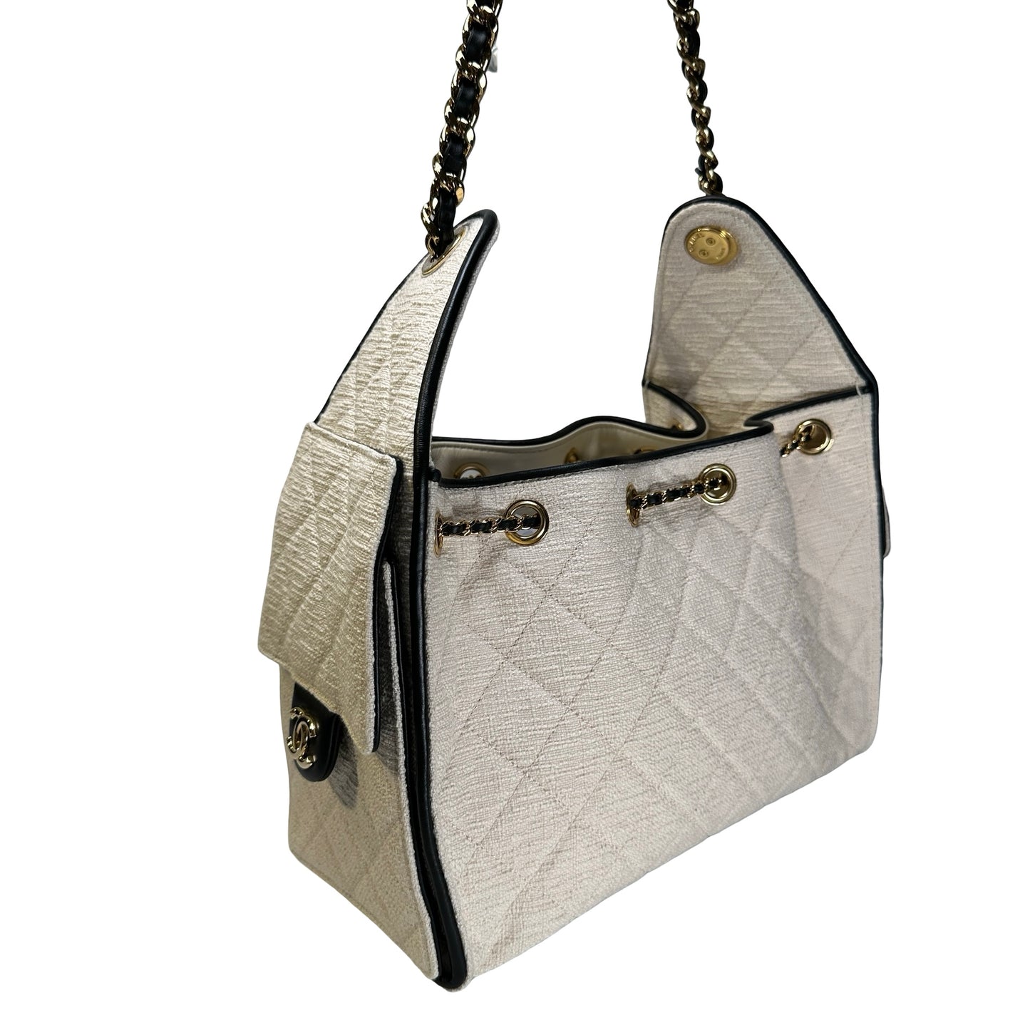 Used CHANEL Quilted Tweed 25 Bag Shoulder Bag White GHW