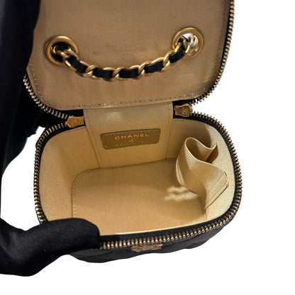 Used CHANEL Lambskin Leather Vanity Case with Gold Ball Cross Body Bag Black GHW