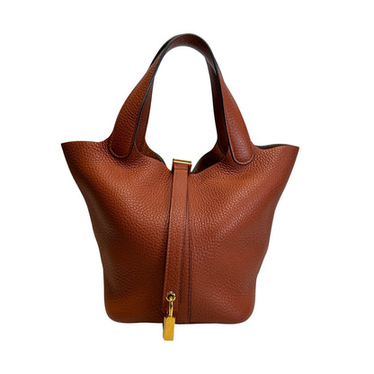 Used HERMES Clemence Leather Picotin 18 Bucket Bag 6C Brown GHW