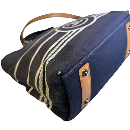 Used CHANEL Stripes CC Logo Deauville Tote Bag Navy Blue White Tan