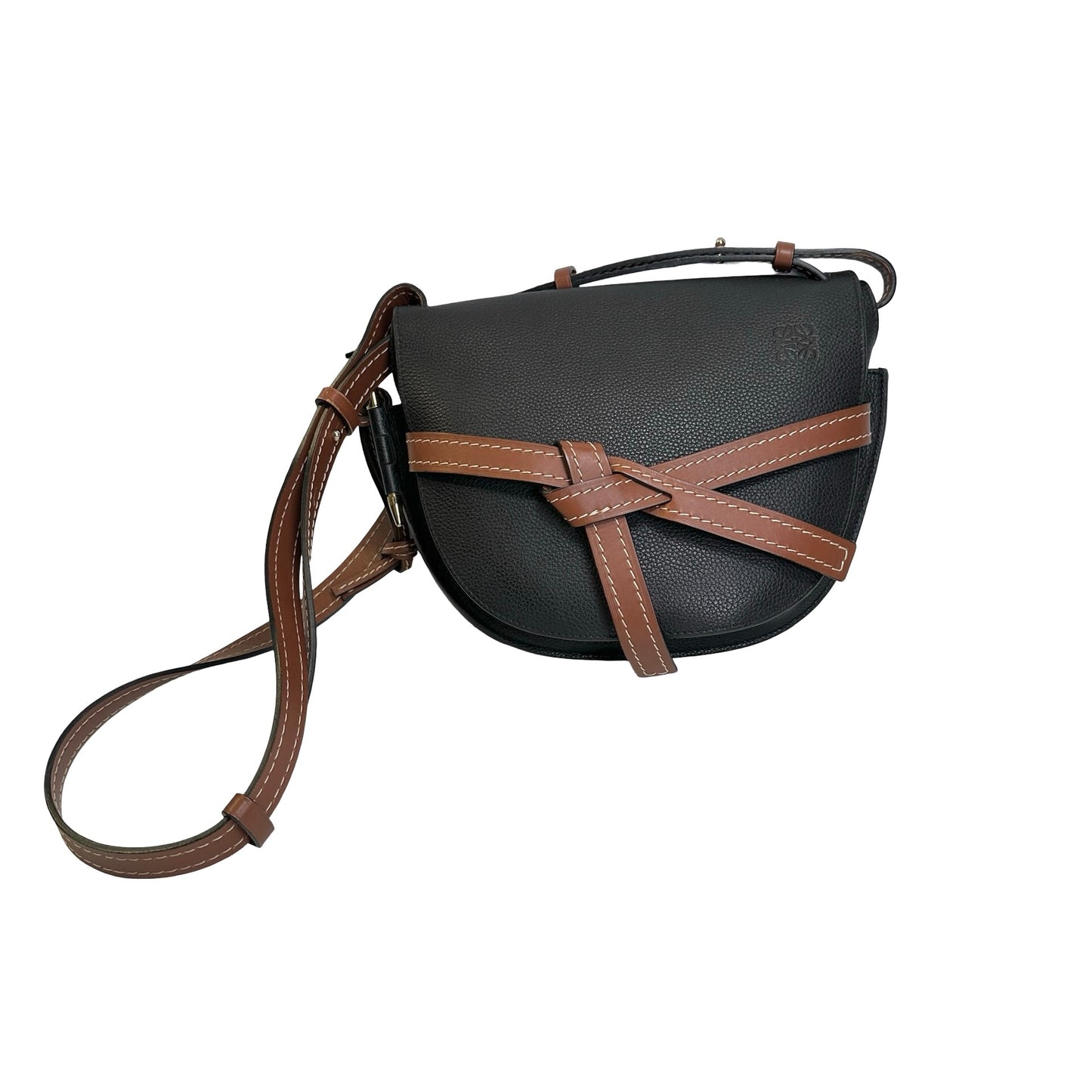 Used LOEWE Pebbled Leather Gate Crossbody Bag Black Brown