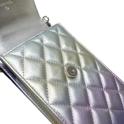 Used CHANEL Quilted Metallic Quilted Phone Bag Phone Bag Ombre Silver Gold Purple