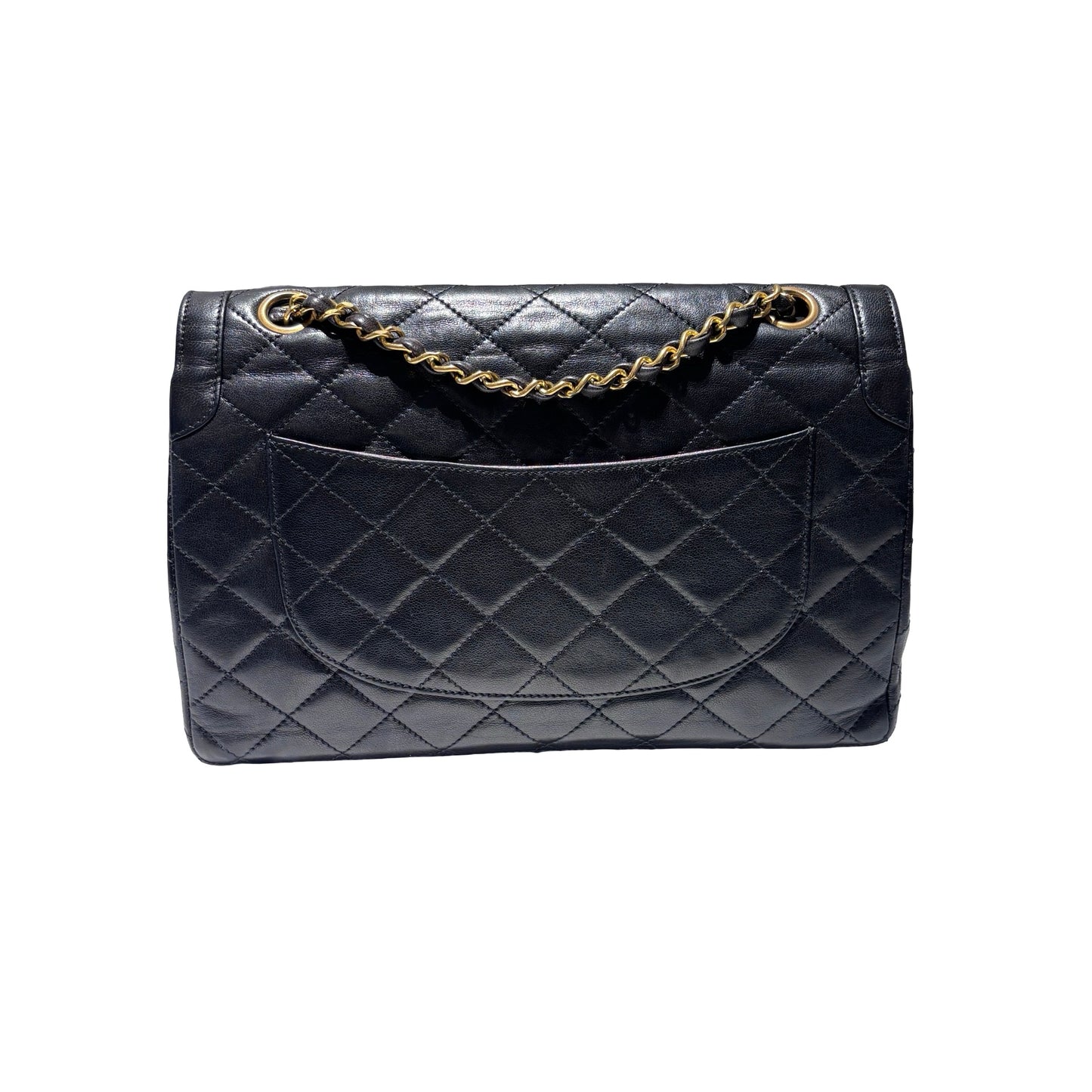 Used CHANEL Lambskin Leather Vintage Paris Double Flap Medium Chain Shoulder Bag Black GHW