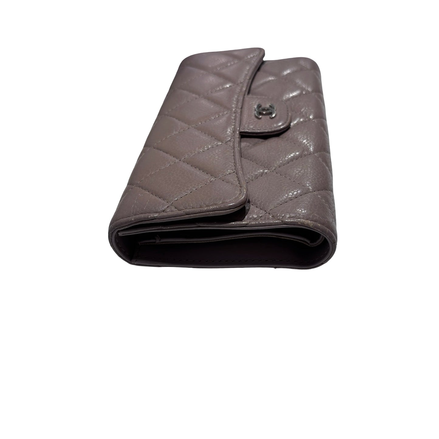 Used CHANEL Quilted Caviar Classic Long Flap Wallet Long wallet Beige Silver