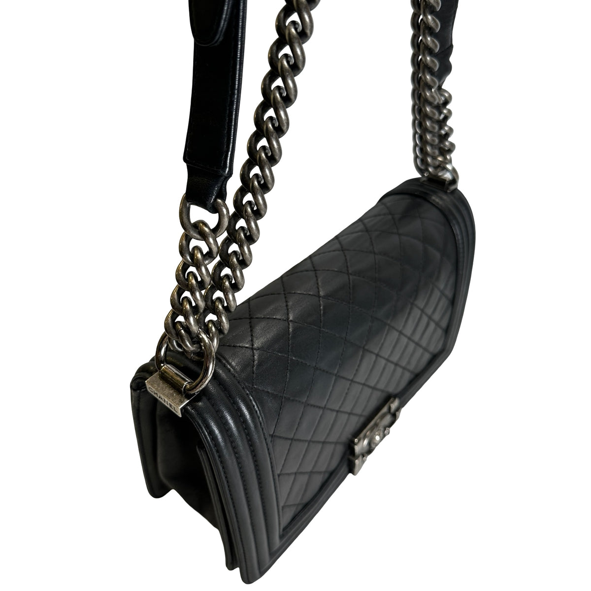 Used CHANEL Quilted Calfskin Boy Bag Shoulder Bag Black Silver