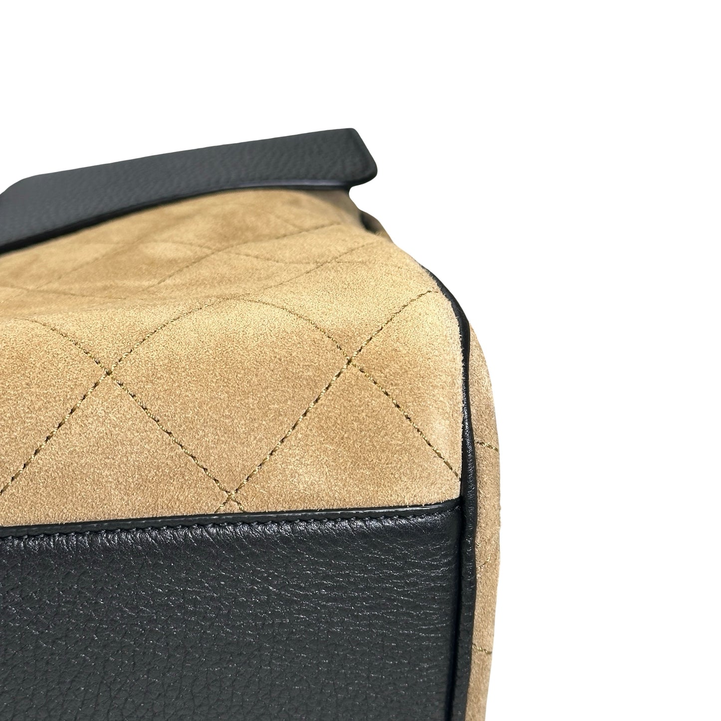 Brand New CHANEL Quilted Suede Caviar Deauville Tote Bag Beige Black Gold
