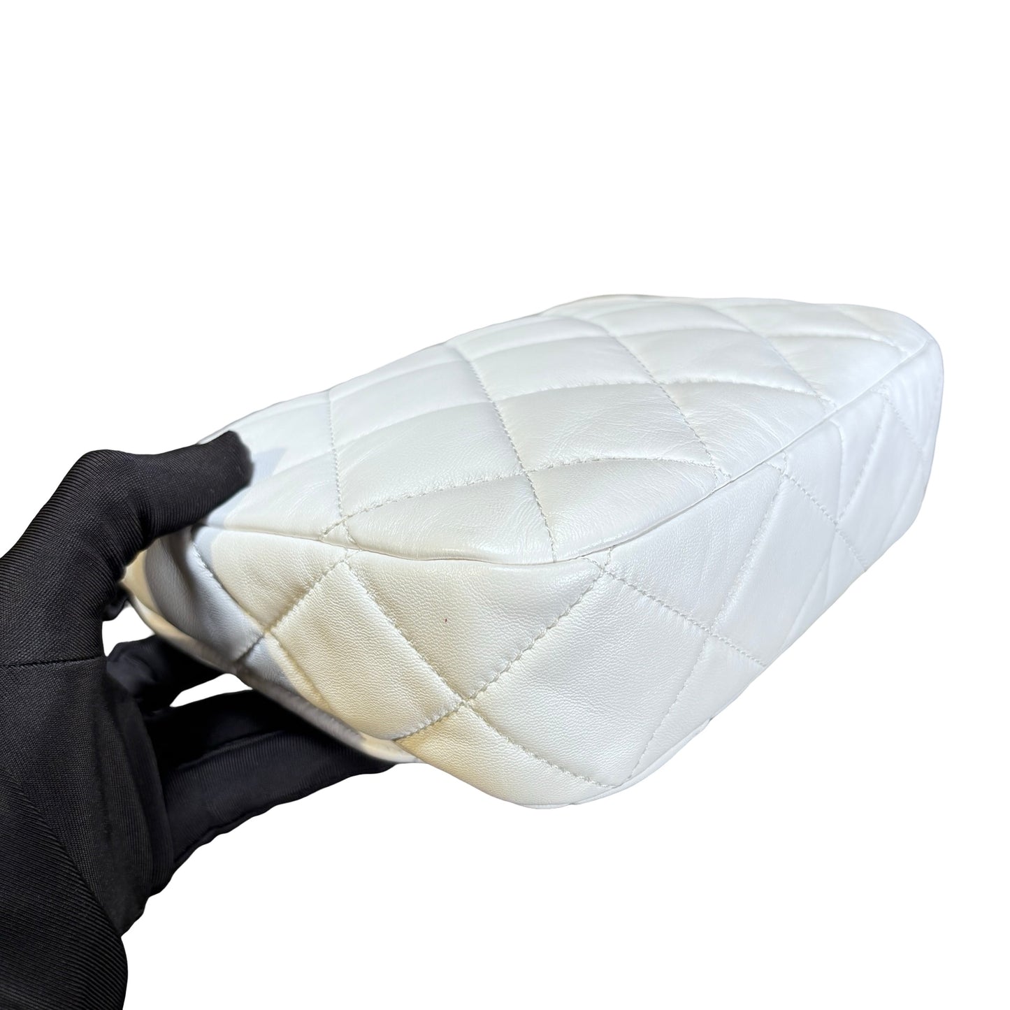 Used CHANEL Calfskin Leather Flap Cross Body Bag White GHW