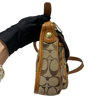 Used COACH Signature Canvas Leather Signature Canvas Flap Bag Crossbody Bag Brown Beige