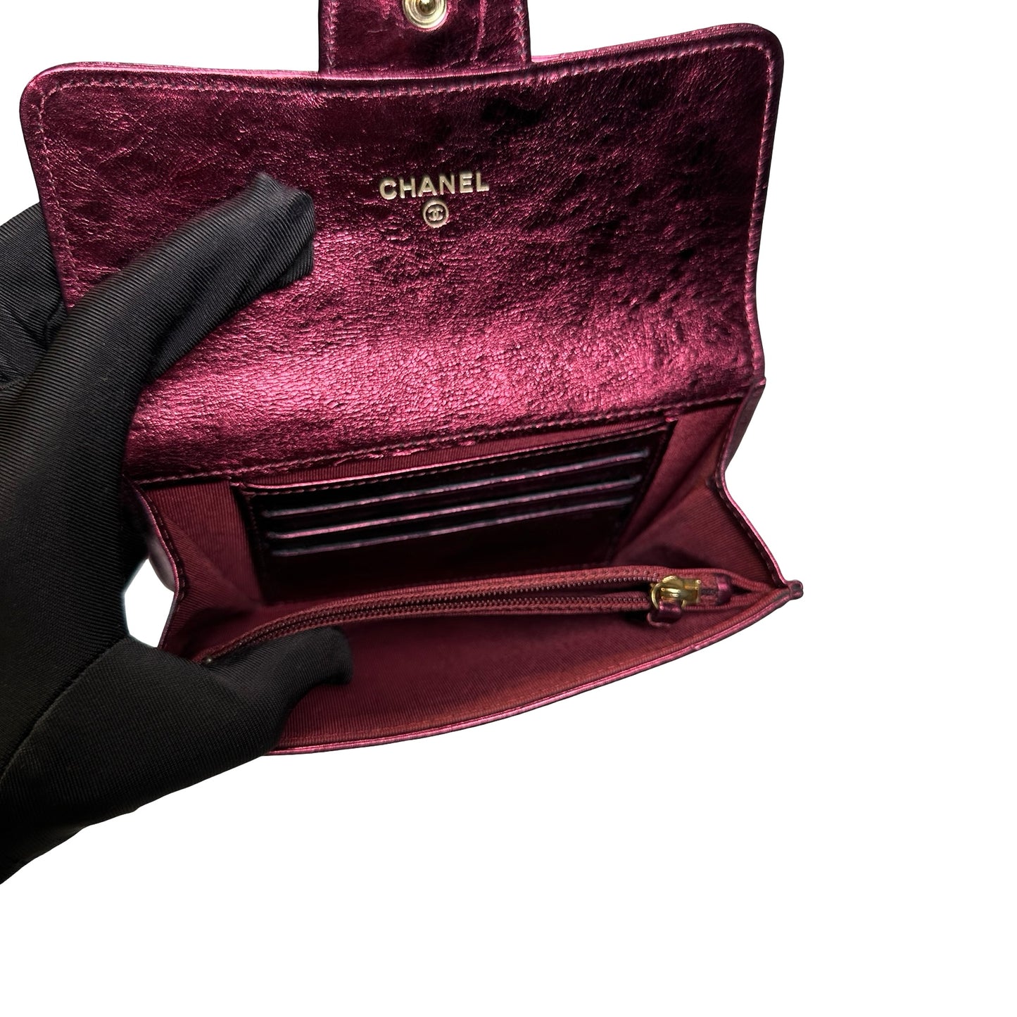 Used CHANEL Quilted Aged Calfskin 2.55 Flap Wallet Wallet Burgundy Metallic