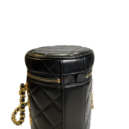 Used CHANEL Diamond Quilted Lambskin Cylindrical Vanity Case with Chain Vanity case Black GHW