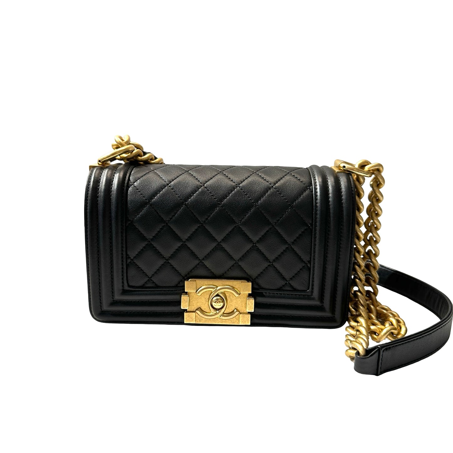 Used CHANEL Lambskin Leather Boy 20cm Shoulder Bag Black GHW