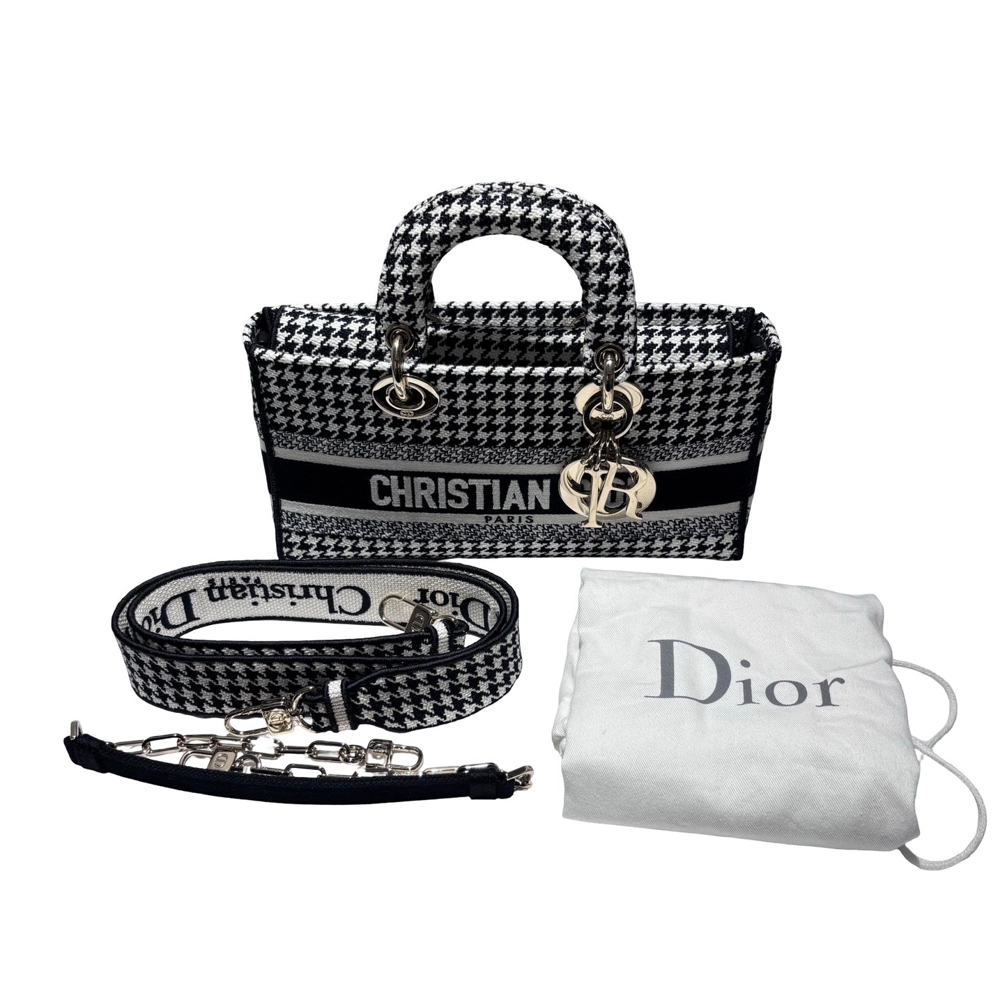 Used DIOR Canvas D-Joy Medium Handbag Black White GHW
