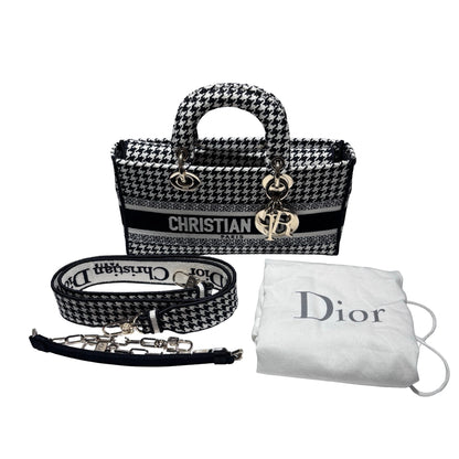 Used DIOR Canvas D-Joy Medium Handbag Black White GHW