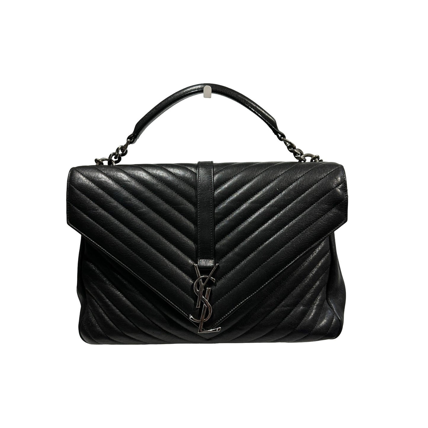 Used SAINT LAURENT Lambskin Leather College medium Shoulder Bag Black PHW